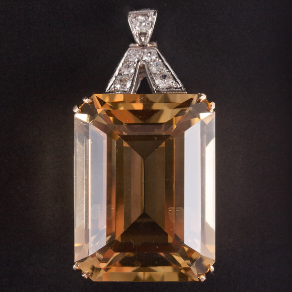 Vintage 1950's 14k Yellow Gold Platinum Citrine Diamond Pendant 46.07ctw 16.2g