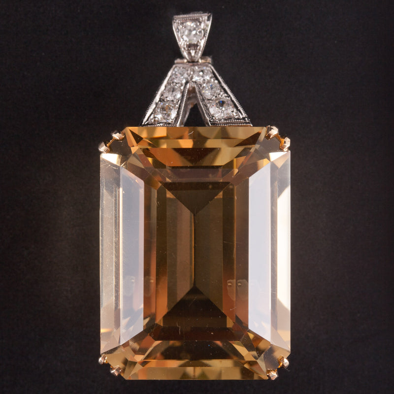 Vintage 1950's 14k Yellow Gold Platinum Citrine Diamond Pendant 46.07ctw 16.2g