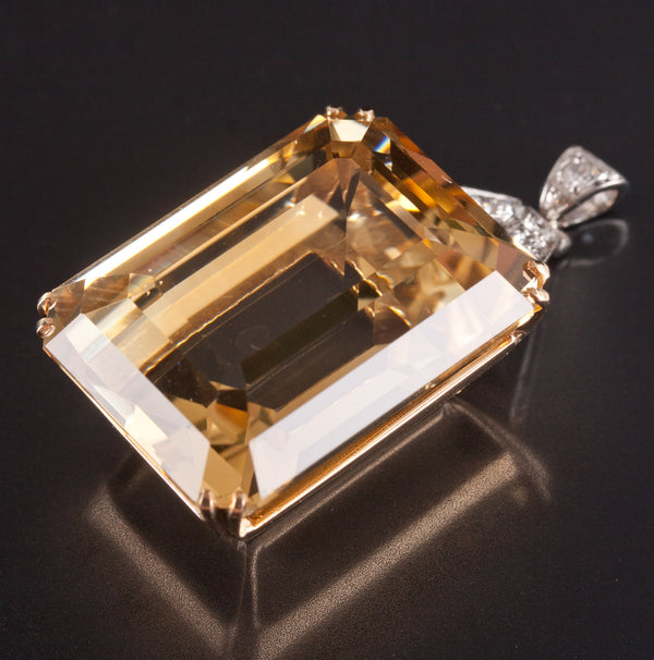 Vintage 1950's 14k Yellow Gold Platinum Citrine Diamond Pendant 46.07ctw 16.2g