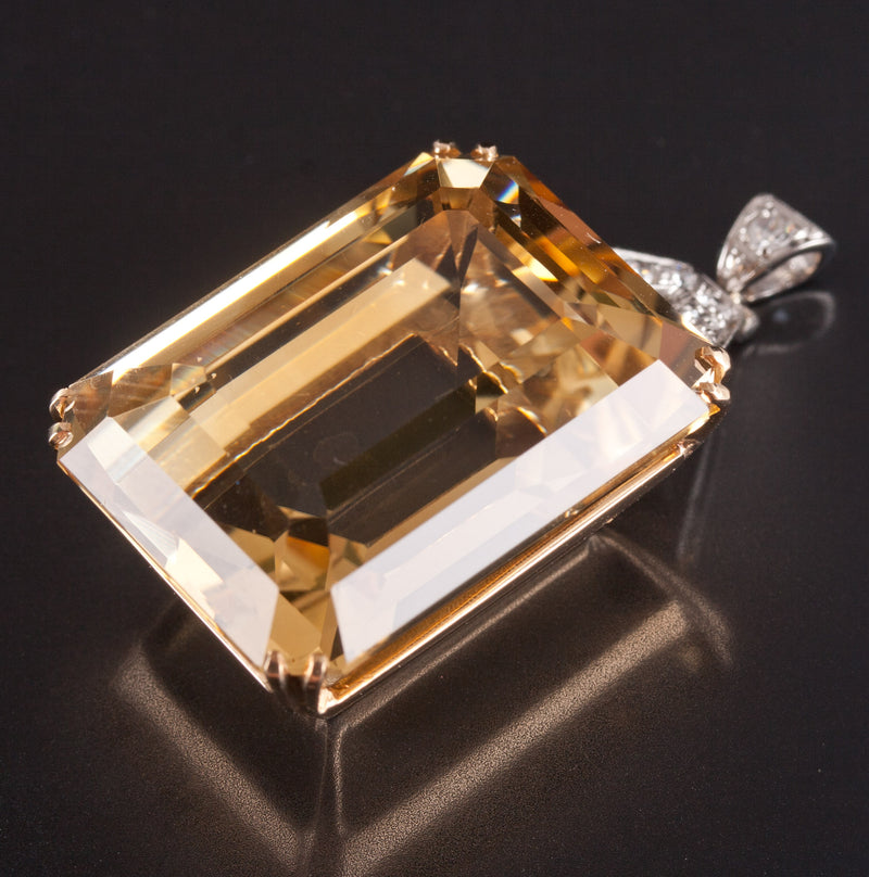 Vintage 1950's 14k Yellow Gold Platinum Citrine Diamond Pendant 46.07ctw 16.2g