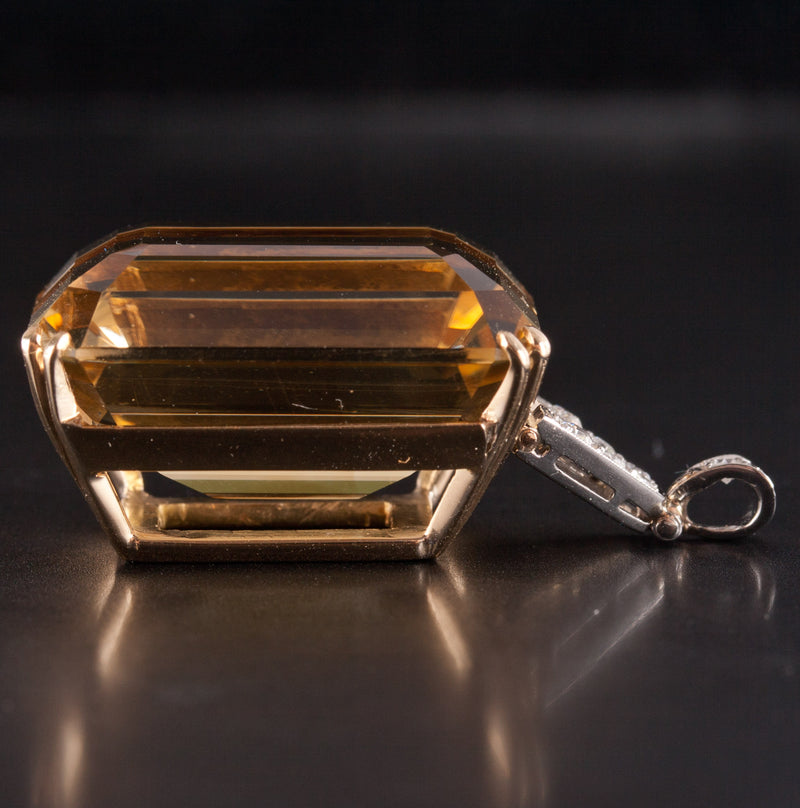 Vintage 1950's 14k Yellow Gold Platinum Citrine Diamond Pendant 46.07ctw 16.2g