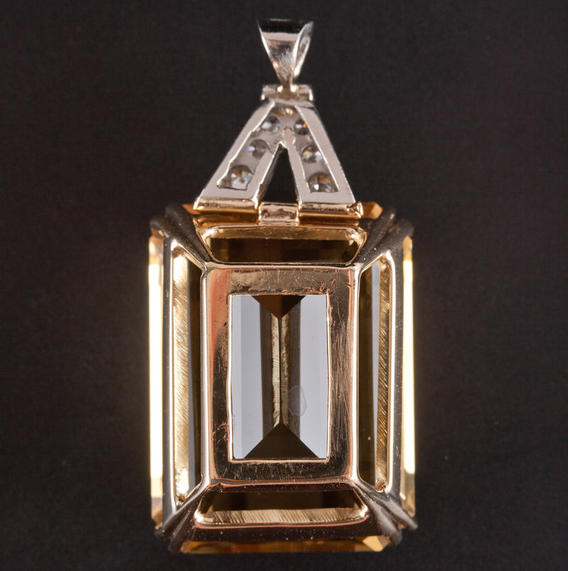 Vintage 1950's 14k Yellow Gold Platinum Citrine Diamond Pendant 46.07ctw 16.2g