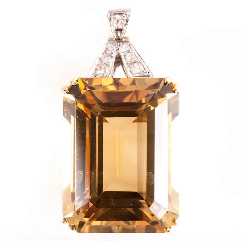 Vintage 1950's 14k Yellow Gold Platinum Citrine Diamond Pendant 46.07ctw 16.2g