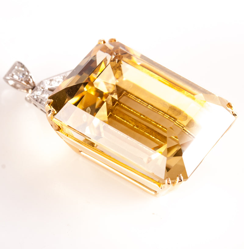 Vintage 1950's 14k Yellow Gold Platinum Citrine Diamond Pendant 46.07ctw 16.2g