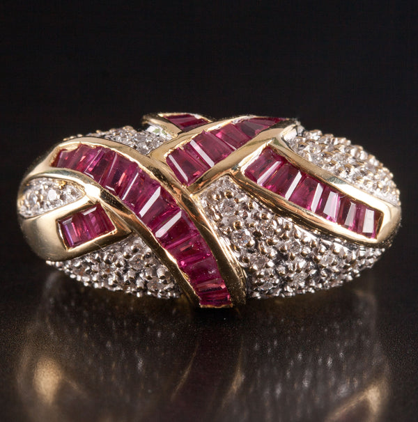 18k Yellow White Gold Tapered Baguette Ruby Diamond Cocktail Style Ring .84ctw