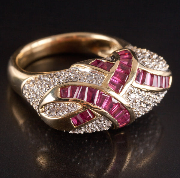 18k Yellow White Gold Tapered Baguette Ruby Diamond Cocktail Style Ring .84ctw