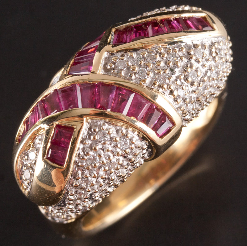 18k Yellow White Gold Tapered Baguette Ruby Diamond Cocktail Style Ring .84ctw