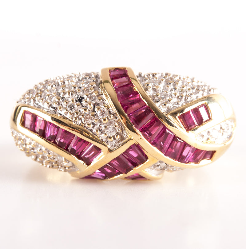 18k Yellow White Gold Tapered Baguette Ruby Diamond Cocktail Style Ring .84ctw