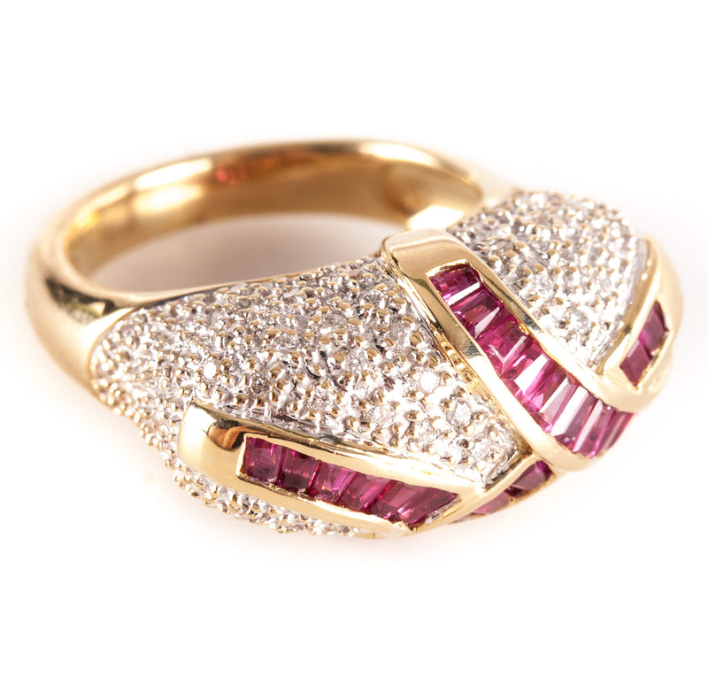 18k Yellow White Gold Tapered Baguette Ruby Diamond Cocktail Style Ring .84ctw