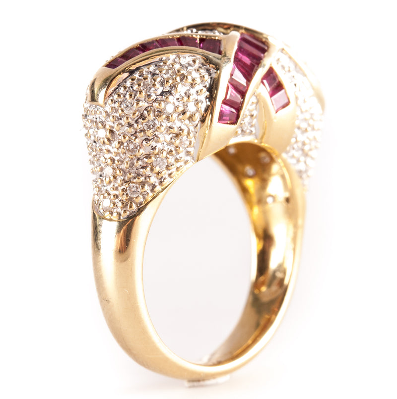 18k Yellow White Gold Tapered Baguette Ruby Diamond Cocktail Style Ring .84ctw