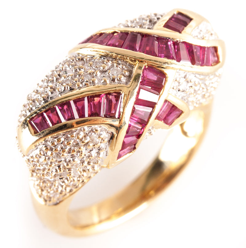 18k Yellow White Gold Tapered Baguette Ruby Diamond Cocktail Style Ring .84ctw