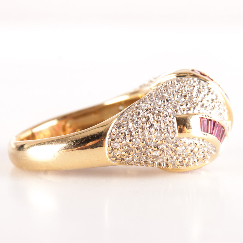 18k Yellow White Gold Tapered Baguette Ruby Diamond Cocktail Style Ring .84ctw