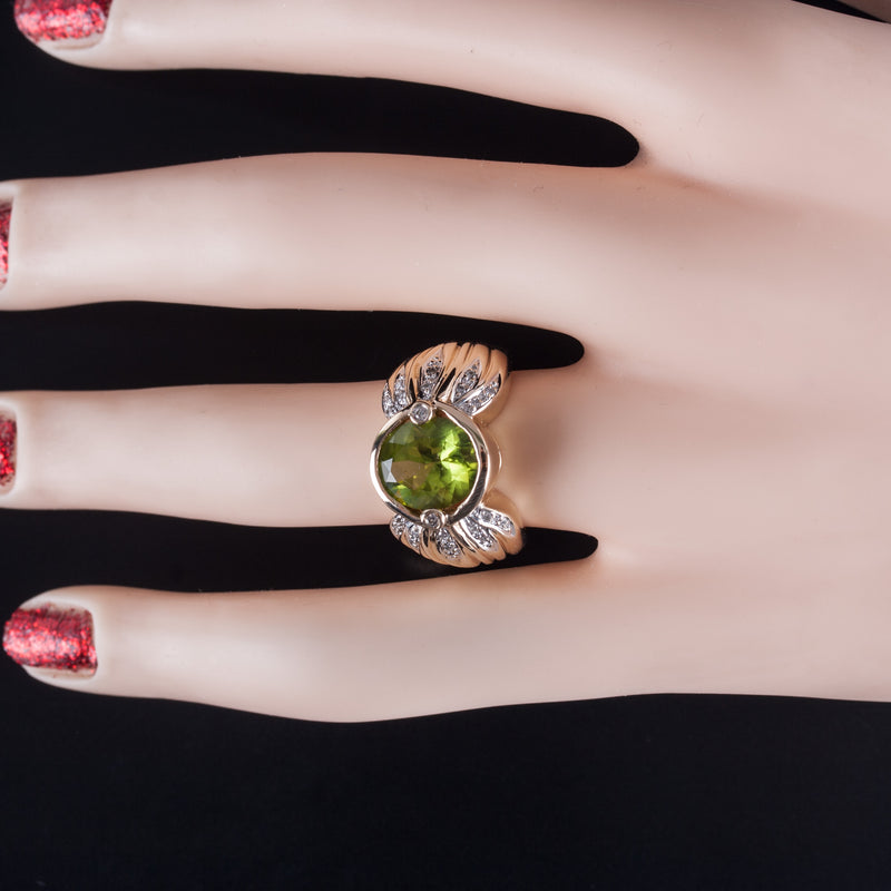 14k Yellow Gold Oval Round Peridot Solitaire Ring W/ Diamond Accents 3.94ctw