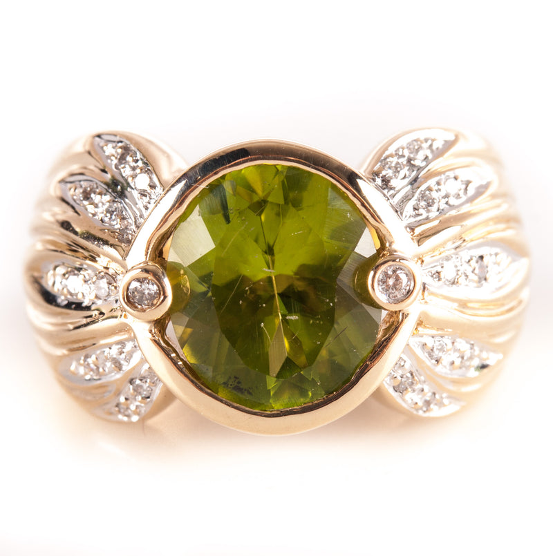 14k Yellow Gold Oval Round Peridot Solitaire Ring W/ Diamond Accents 3.94ctw