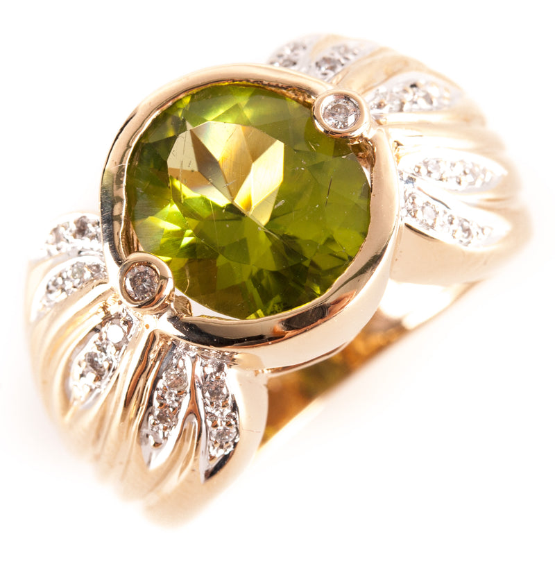 14k Yellow Gold Oval Round Peridot Solitaire Ring W/ Diamond Accents 3.94ctw