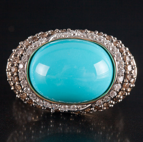 14k Yellow Gold Oval Cabochon Turquoise Diamond Halo Cocktail Ring 1.145ctw