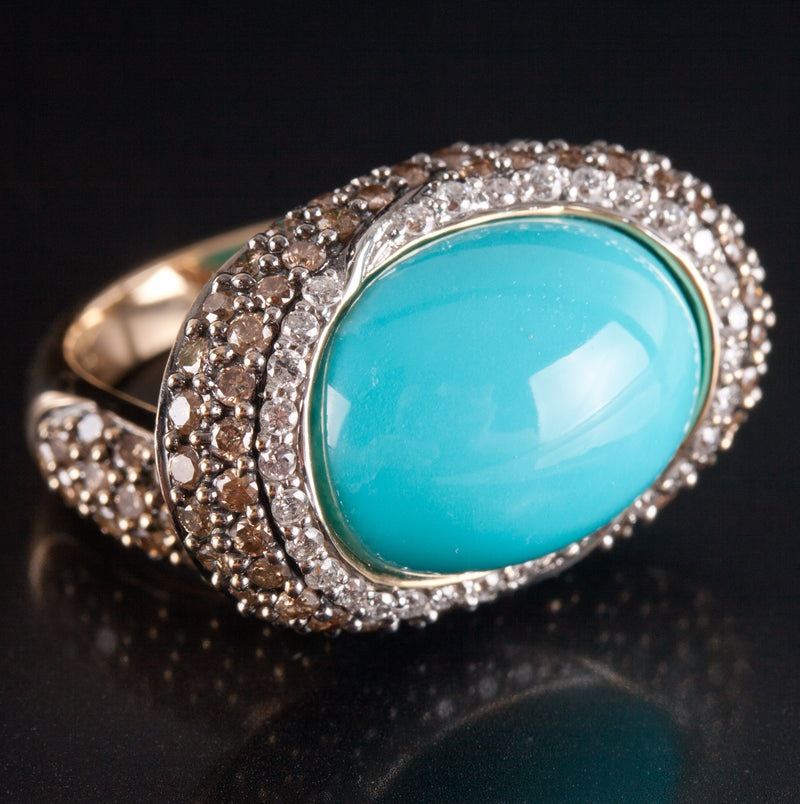 14k Yellow Gold Oval Cabochon Turquoise Diamond Halo Cocktail Ring 1.145ctw