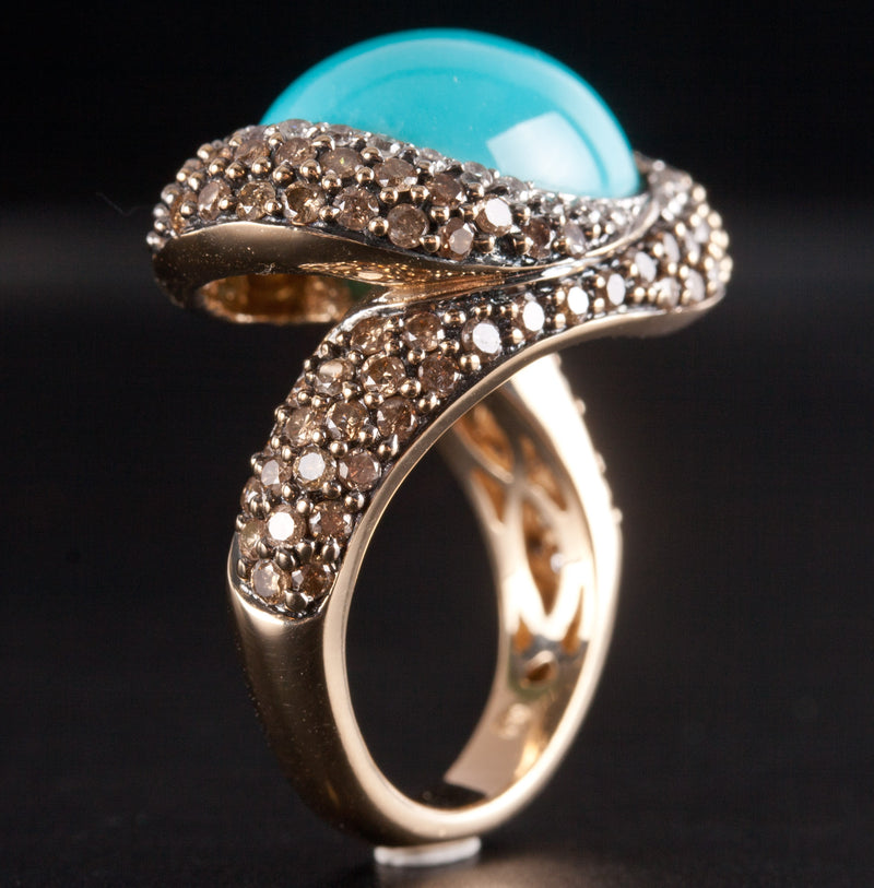 14k Yellow Gold Oval Cabochon Turquoise Diamond Halo Cocktail Ring 1.145ctw