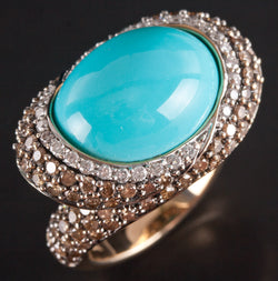 14k Yellow Gold Oval Cabochon Turquoise Diamond Halo Cocktail Ring 1.145ctw