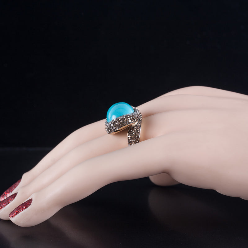 14k Yellow Gold Oval Cabochon Turquoise Diamond Halo Cocktail Ring 1.145ctw