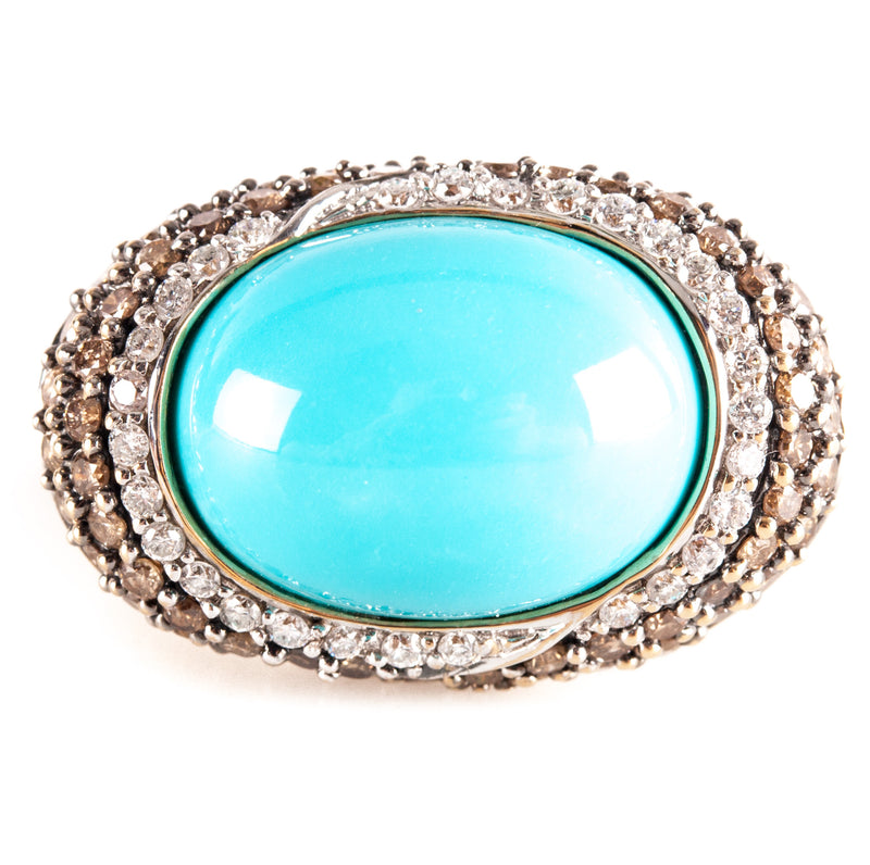 14k Yellow Gold Oval Cabochon Turquoise Diamond Halo Cocktail Ring 1.145ctw