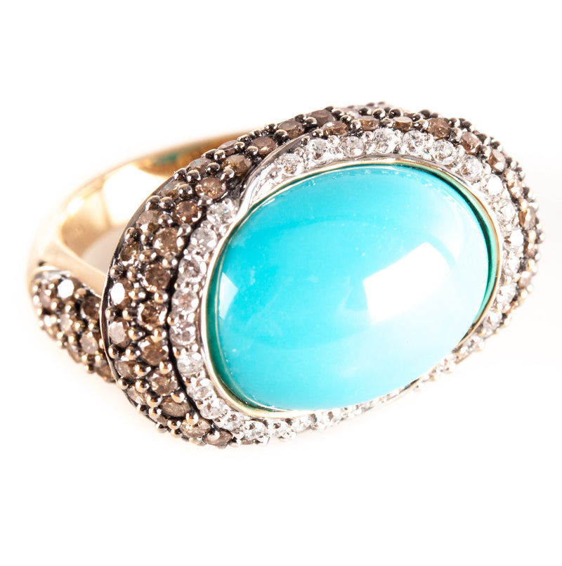 14k Yellow Gold Oval Cabochon Turquoise Diamond Halo Cocktail Ring 1.145ctw