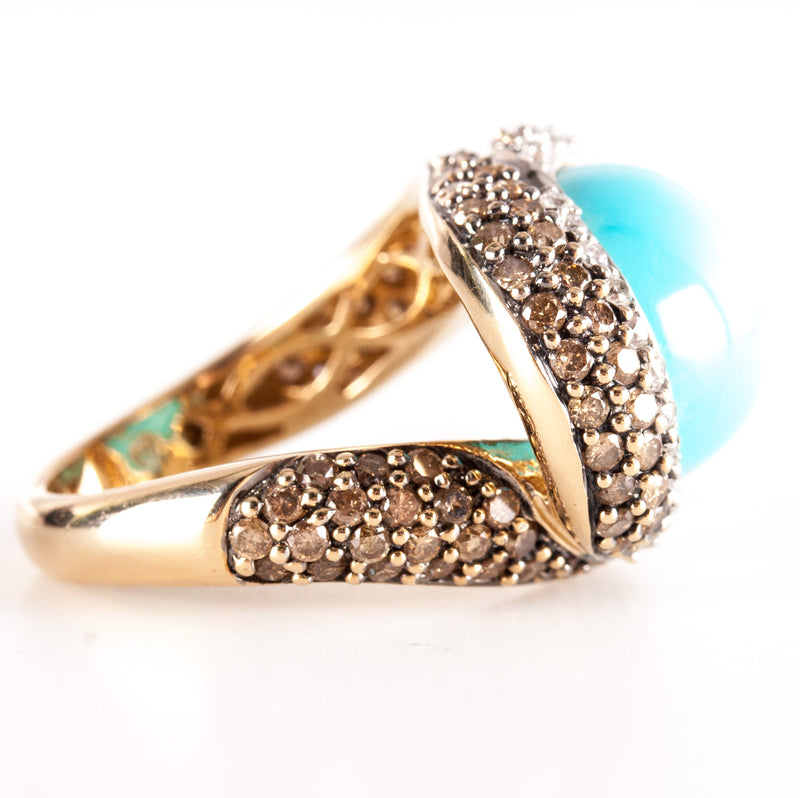 14k Yellow Gold Oval Cabochon Turquoise Diamond Halo Cocktail Ring 1.145ctw