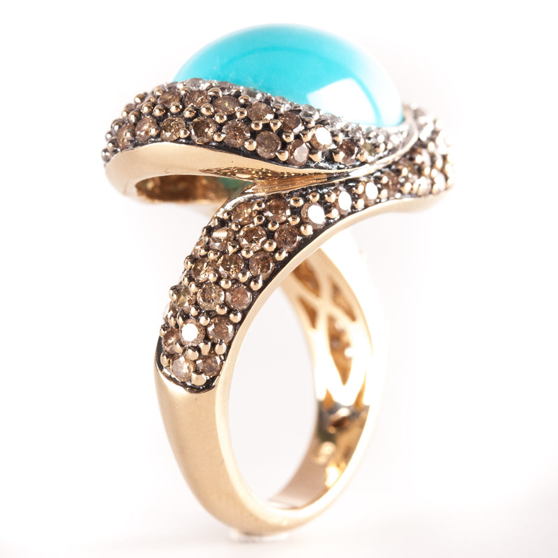 14k Yellow Gold Oval Cabochon Turquoise Diamond Halo Cocktail Ring 1.145ctw