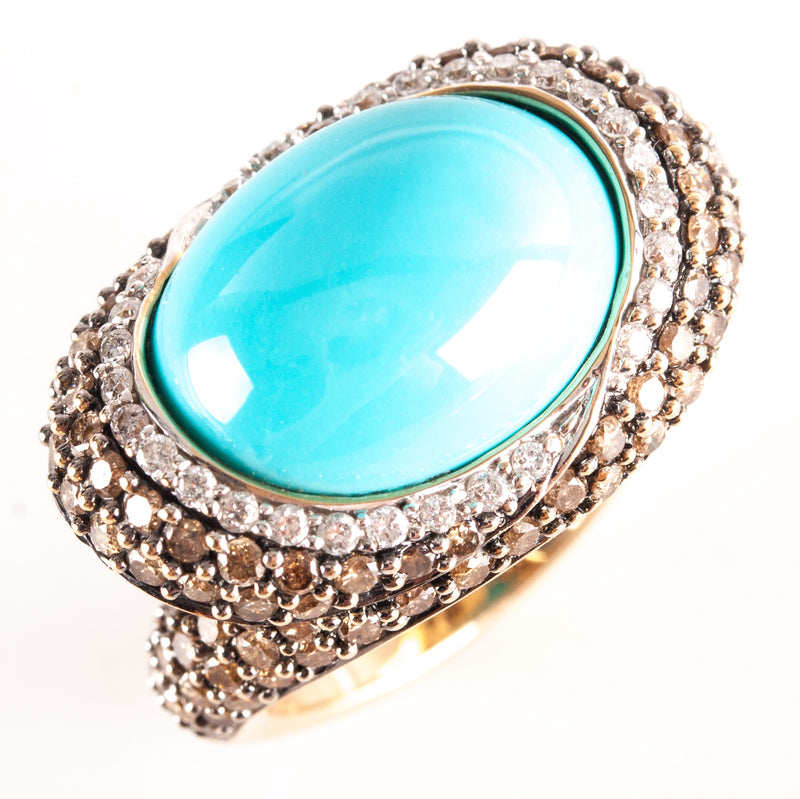 14k Yellow Gold Oval Cabochon Turquoise Diamond Halo Cocktail Ring 1.145ctw