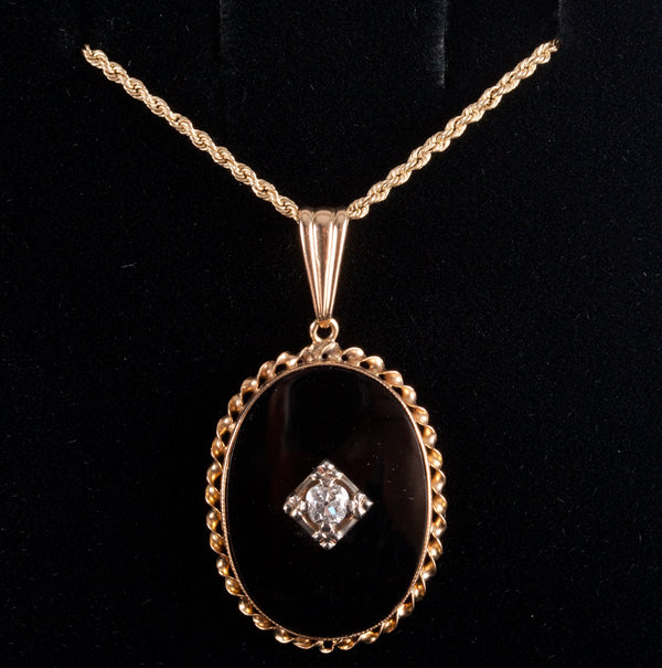 10k Yellow Gold Diamond Onyx Pendant Necklace W/ 20" Chain .12ct 3.15g