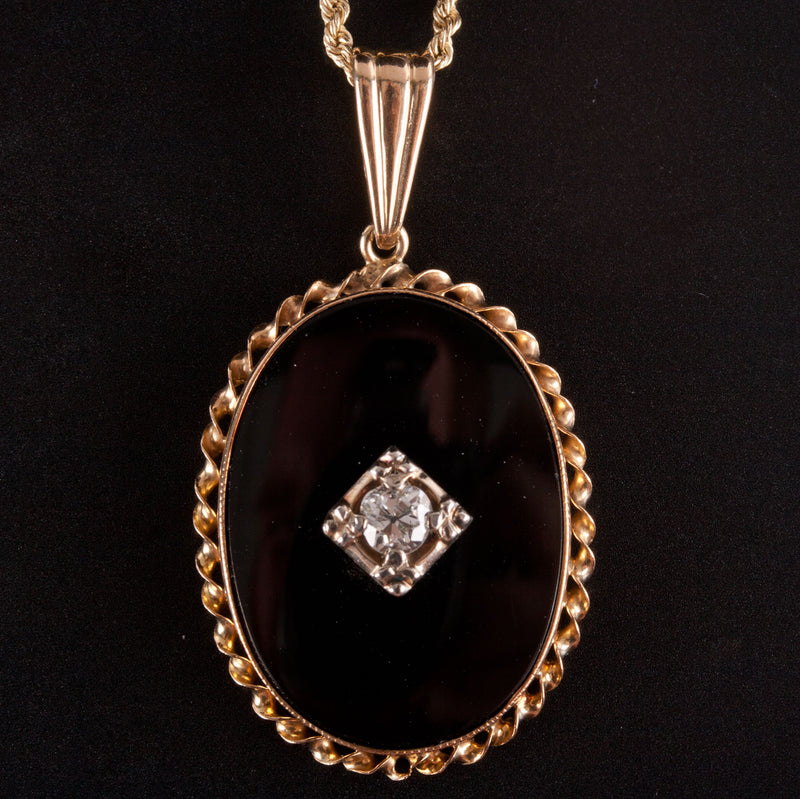 10k Yellow Gold Diamond Onyx Pendant Necklace W/ 20" Chain .12ct 3.15g