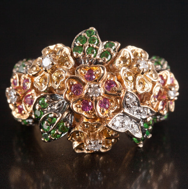 14k Yellow White Gold Garnet Ruby Citrine Diamond Floral Cocktail Ring 1.57ctw