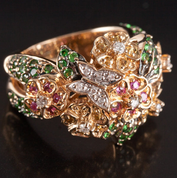 14k Yellow White Gold Garnet Ruby Citrine Diamond Floral Cocktail Ring 1.57ctw