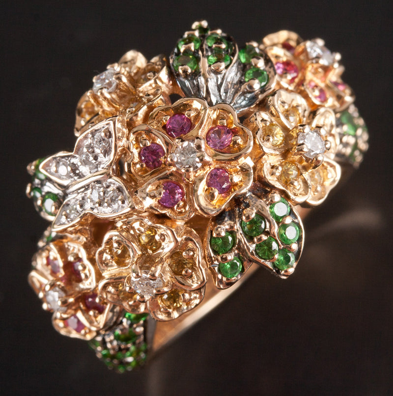 14k Yellow White Gold Garnet Ruby Citrine Diamond Floral Cocktail Ring 1.57ctw