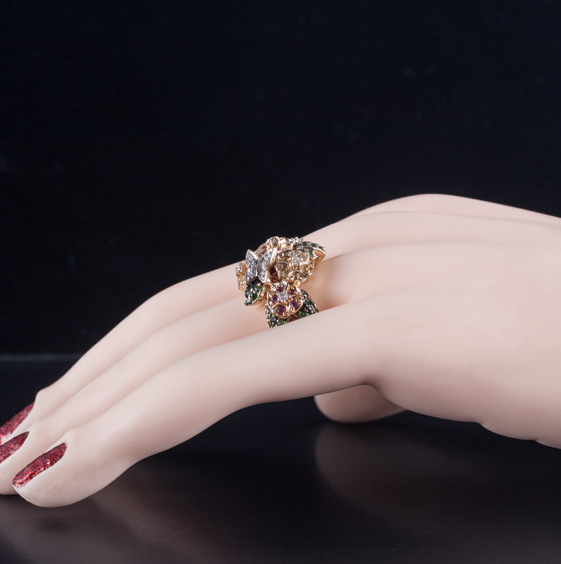 14k Yellow White Gold Garnet Ruby Citrine Diamond Floral Cocktail Ring 1.57ctw