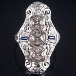 Vintage 1930's 18k White Gold Diamond Lab-Created Sapphire Filigree Ring .93ctw