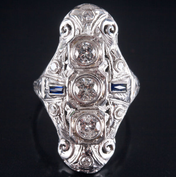 Vintage 1930's 18k White Gold Diamond Lab-Created Sapphire Filigree Ring .93ctw