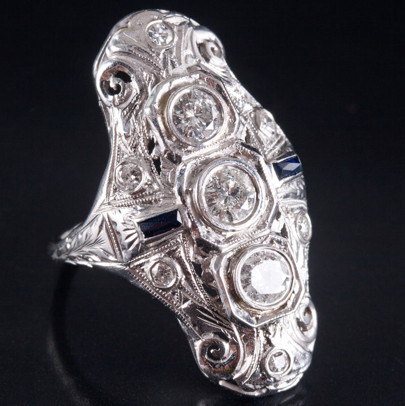 Vintage 1930's 18k White Gold Diamond Lab-Created Sapphire Filigree Ring .93ctw