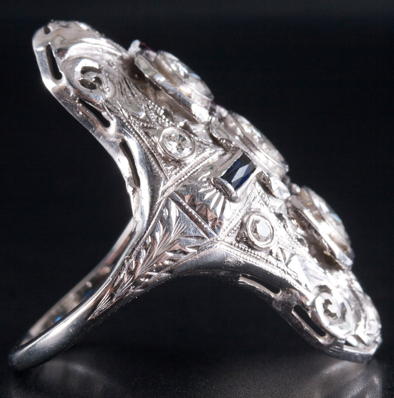 Vintage 1930's 18k White Gold Diamond Lab-Created Sapphire Filigree Ring .93ctw