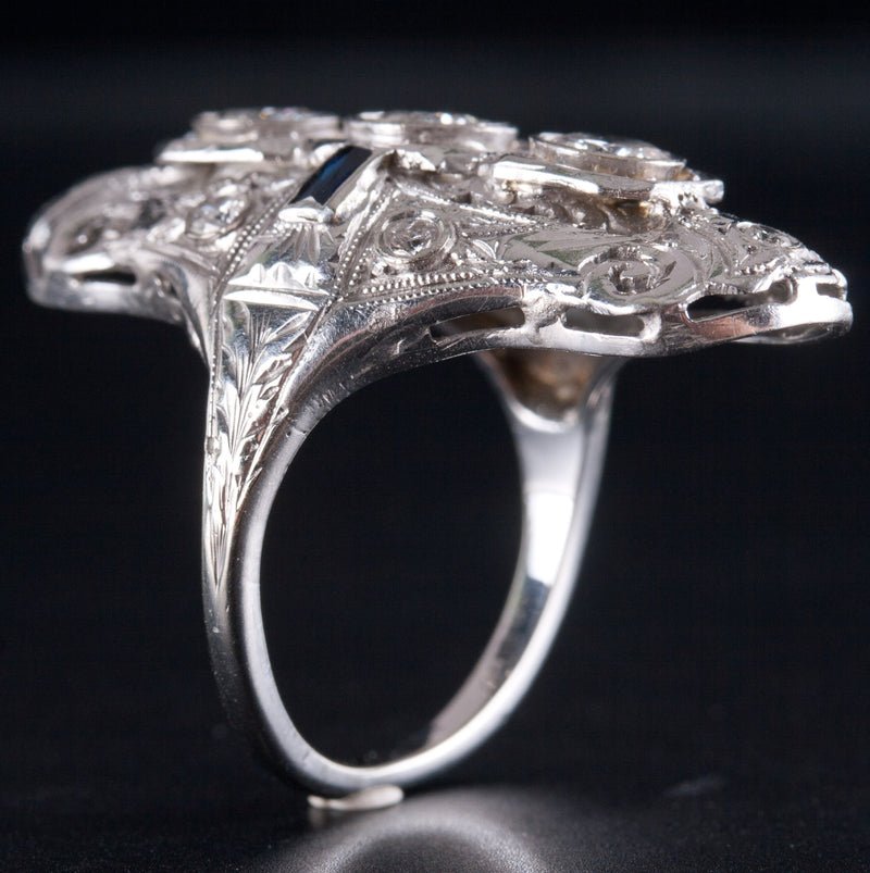 Vintage 1930's 18k White Gold Diamond Lab-Created Sapphire Filigree Ring .93ctw