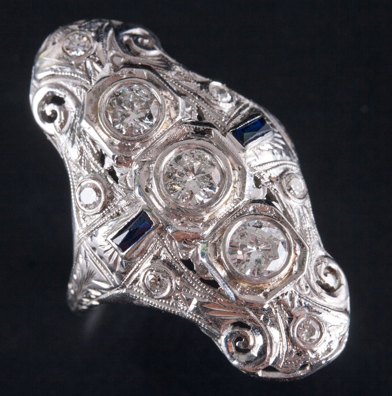 Vintage 1930's 18k White Gold Diamond Lab-Created Sapphire Filigree Ring .93ctw