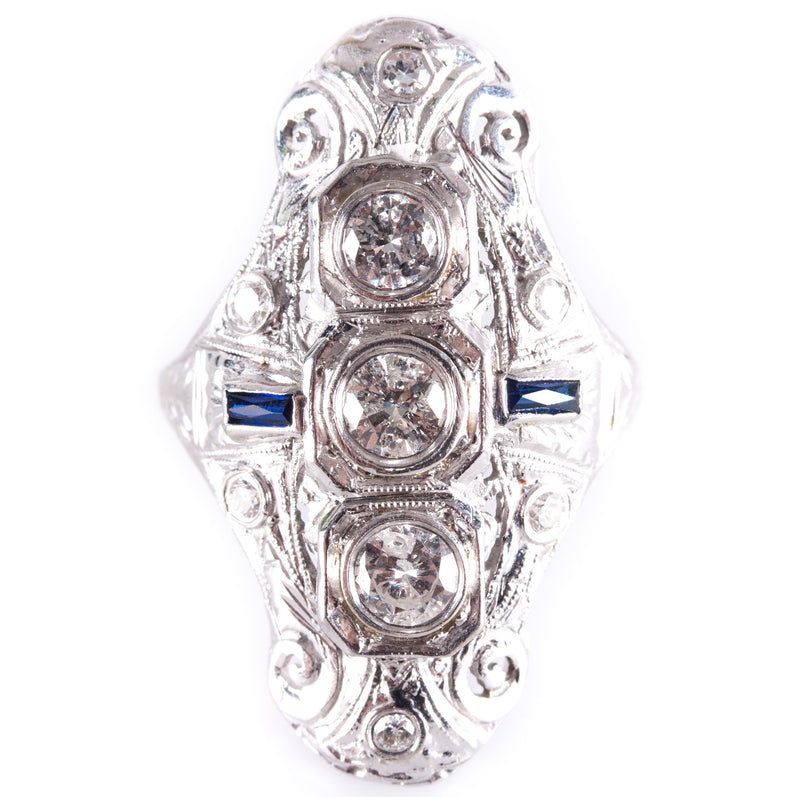 Vintage 1930's 18k White Gold Diamond Lab-Created Sapphire Filigree Ring .93ctw