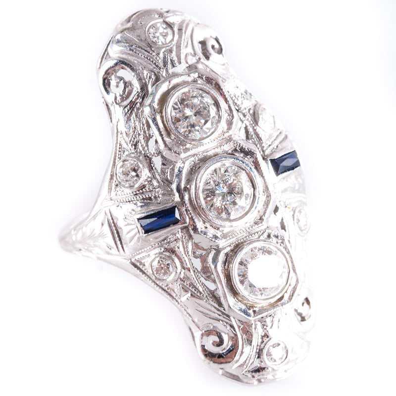 Vintage 1930's 18k White Gold Diamond Lab-Created Sapphire Filigree Ring .93ctw