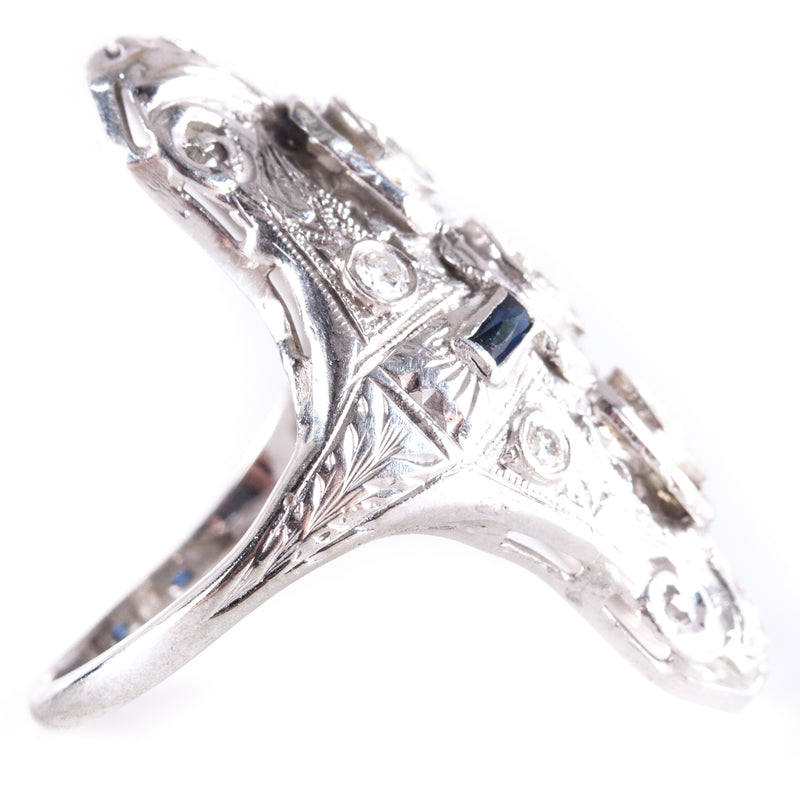 Vintage 1930's 18k White Gold Diamond Lab-Created Sapphire Filigree Ring .93ctw