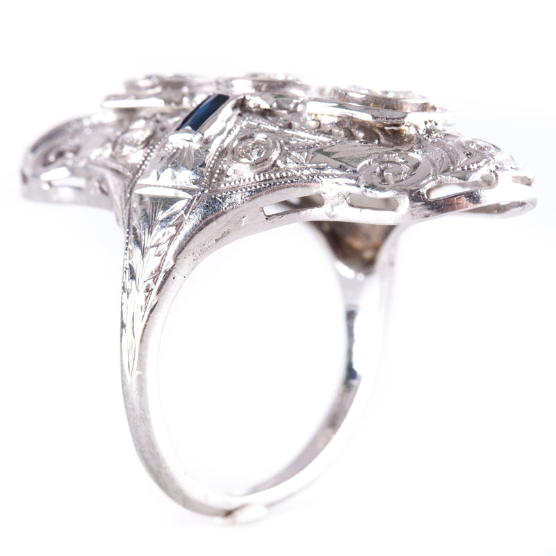 Vintage 1930's 18k White Gold Diamond Lab-Created Sapphire Filigree Ring .93ctw