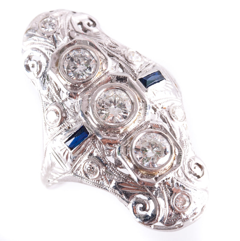 Vintage 1930's 18k White Gold Diamond Lab-Created Sapphire Filigree Ring .93ctw