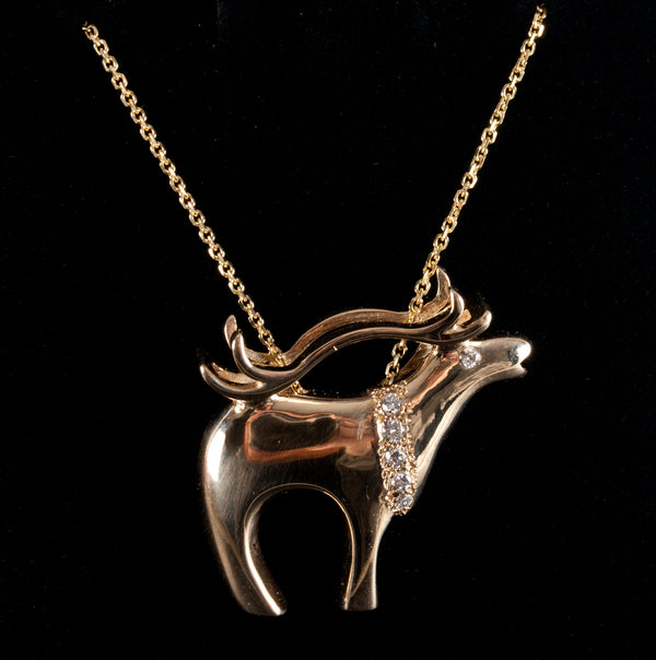 14k Yellow Gold H SI1 Diamond Reindeer Style Necklace W/ 18" Chain .08ctw 9.2g