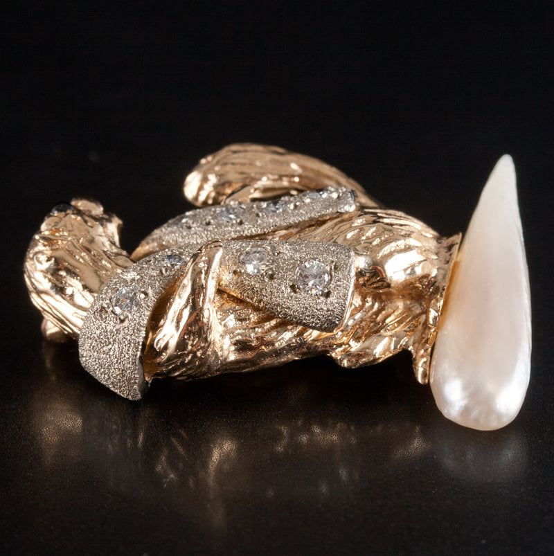14k Yellow White Gold Diamond Pearl Onyx Stoat Wearing Stole Brooch .16ctw 8.28g