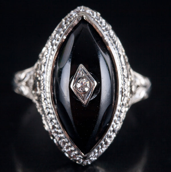 Vintage 1920's 14k White Gold Onyx Diamond Cocktail Style Ring .005ct 4.9g