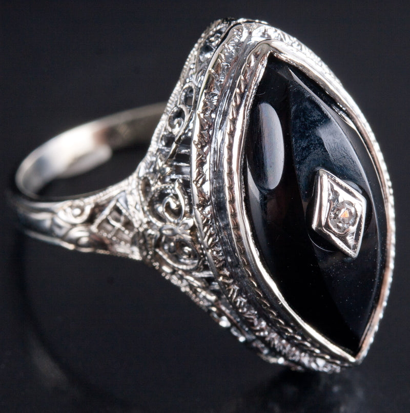 Vintage 1920's 14k White Gold Onyx Diamond Cocktail Style Ring .005ct 4.9g